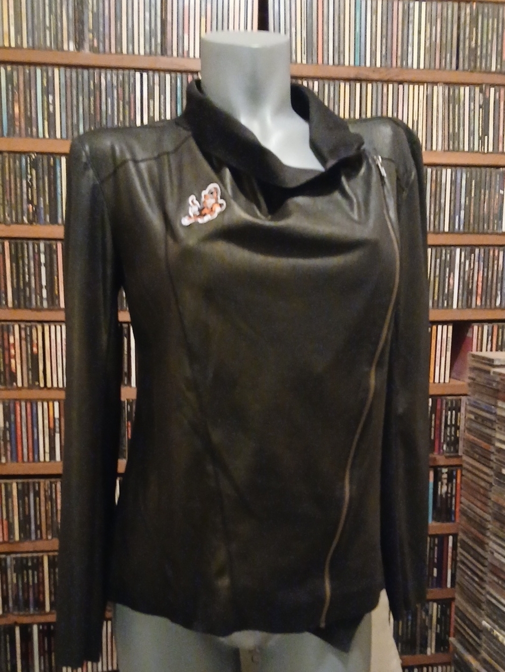 Women's Black Asymmetrical Vegan Leather Jacket with Funnel Collar,sz.M